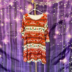 Yelete - Reindeer Printed Christmas Dress - Red, Green, White - XL